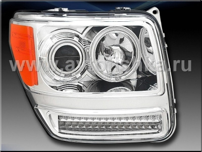 Dodge Nitro (07-) фары передние линзовые хромированные, со светящимися ободками и светодиодной подсветкой, комплект 2 шт.